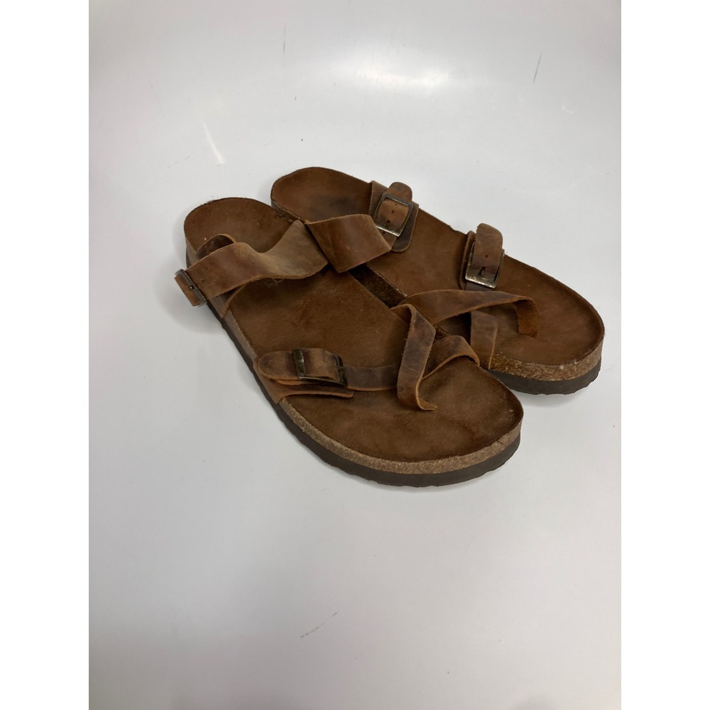 Mountain Sole Sandals Women 10 Brown Good Leather Toe Loop Buckle Slide